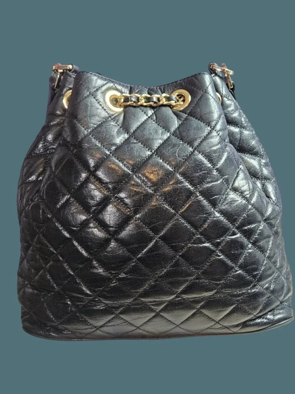 Michael Kors Frankie Black Leather Quilted Drawstring Convertible Bucket Bag